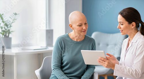 Female doctor showing medical results on a tablet to a bald patient in a clinic. Professional clinician consulting a woman with alopecia or cancer in a modern office