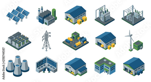 Isometric illustrations of renewable energy and industrial buildings.