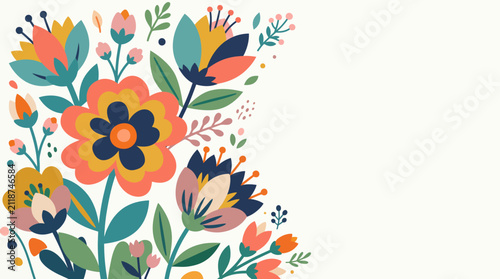 Abstract floral background with vibrant flat vector flowers, leaves, and organic shapes in a modern artistic style, perfect for spring invitations, greeting cards, and decorative stationery design pro