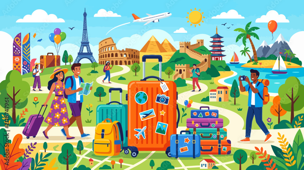 Fototapeta premium Travel Adventure: People, Landmarks, Luggage, and Global Destinations