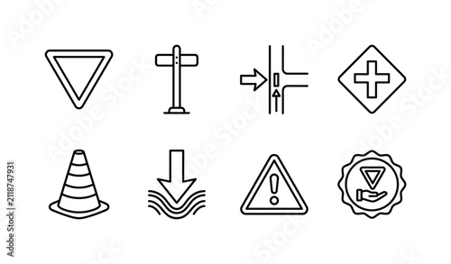 Give Way Traffic, line icon set featuring yield triangle, road sign pole, priority marker, junction sign, safety cone, slow symbol, street warning, traffic rule badge, covering road safety, UK