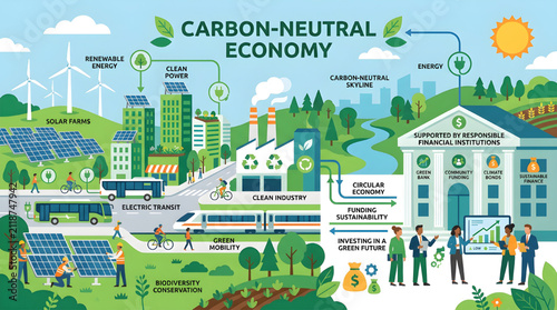 Detailed illustration of a progressive carbon-neutral economy framework driving sustainable development and environmental prosperity