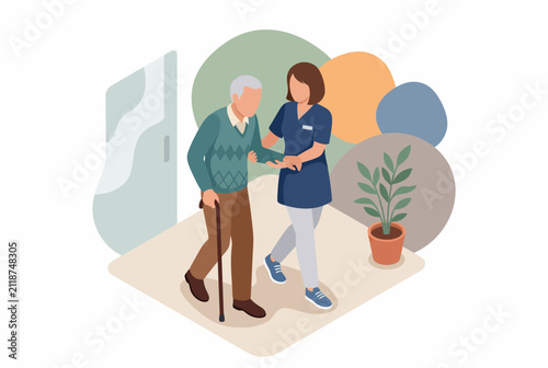 Professional Caregiver Helping Senior Man Walk Isometric Illustration