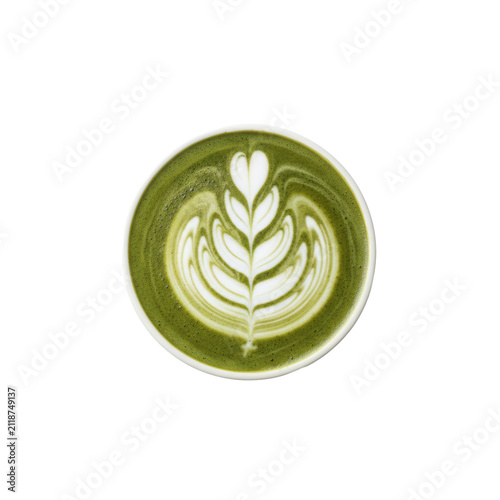 Rich emerald green Matcha Latte with intricate rosetta latte art in a matte white mug, flat lay on a transparent background, high-key lighting. Concept for premium beverage advertising