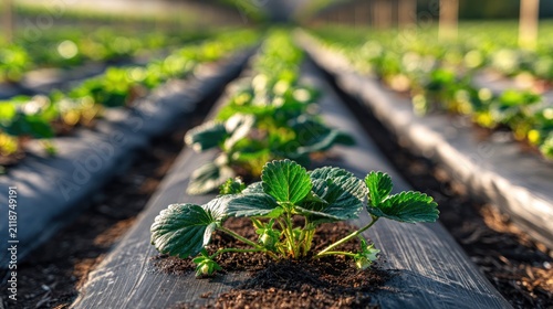 Young strawberry plants growing in rows on black mulch film outdoors