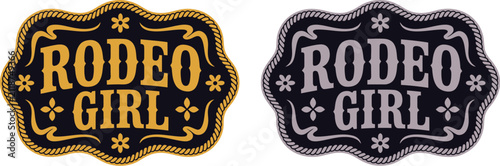 Rodeo Girl Belt Buckle Label, Vintage Cowgirl Badge, Floral Western Emblem, Vector Illustration.