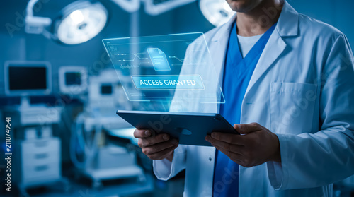 Doctor in a modern operating room using a tablet to access secure digital medical records with a holographic interface