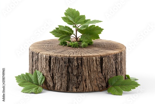 Green sapling plant growing from a tree stump as a symbol of growth and renewal isolated on white