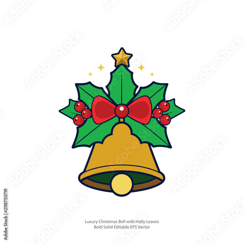 Luxury Christmas Bell with Holly Leaves, Bold Solid Editable EPS Vector Illustration