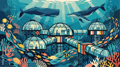 Futuristic Underwater Ocean Research Base Marine Science Flat Vector Illustration
