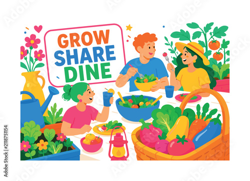 Garden Community Dinner banner showing three expressive neighbors sharing a fresh evening meal among garden beds, with an oversized communal table and oversized produce basket, plus lantern, salad