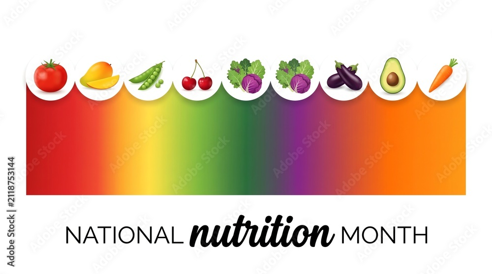 Obraz premium National Nutrition Month colorful banner with fresh fruits and vegetables