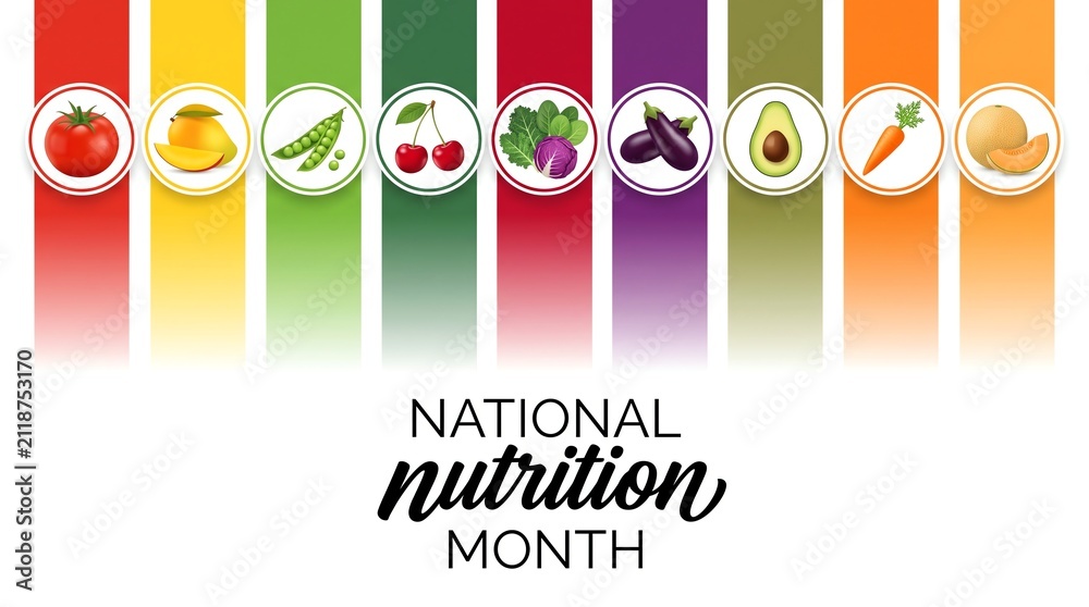 Fototapeta premium National Nutrition Month colorful food icons on rainbow background