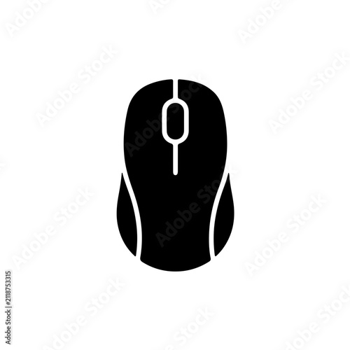 Black wireless computer mouse with ergonomic design and scroll wheel positioned against a plain white background.