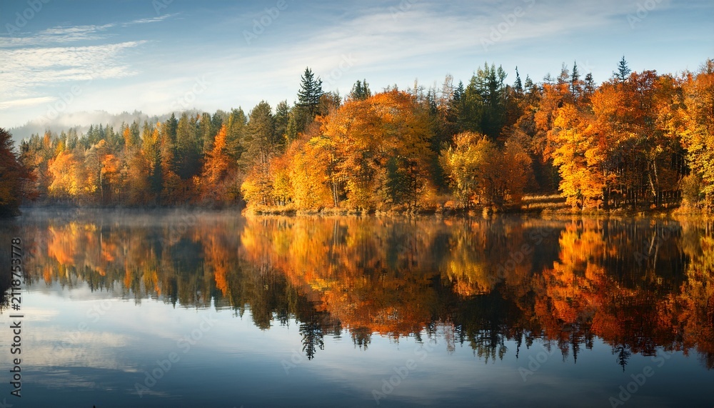 Obraz premium Autumn Forest Reflection In Calm Water