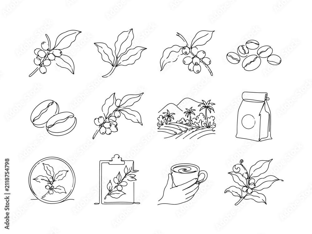 Obraz premium Specialty Coffee Plant, one-line drawing set, create 12 minimal continuous single-line icons in a 4x3 layout showing coffee bean branch, specialty coffee leaf, berry plant, raw coffee, roasted bean,