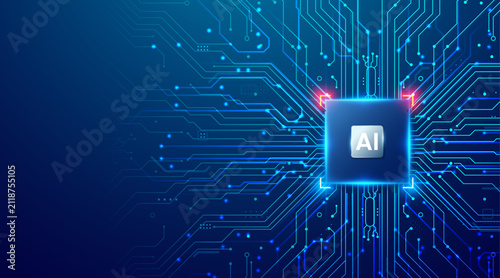Photography Modern AI microchip processor on complex circuit board background with glowing blue traces