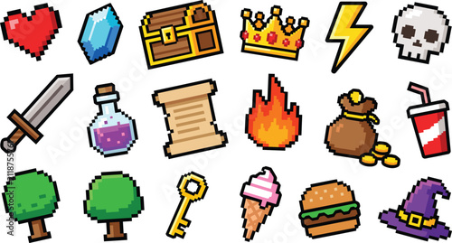 Retro pixel art video game items set with heart, chest, crown, sword, potion, and coins.