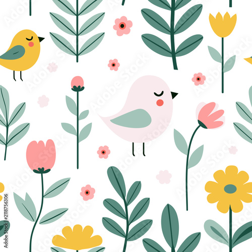 Cute Scandinavian Bird with Flowers and Botanical Leaves Seamless Spring Vector Pattern