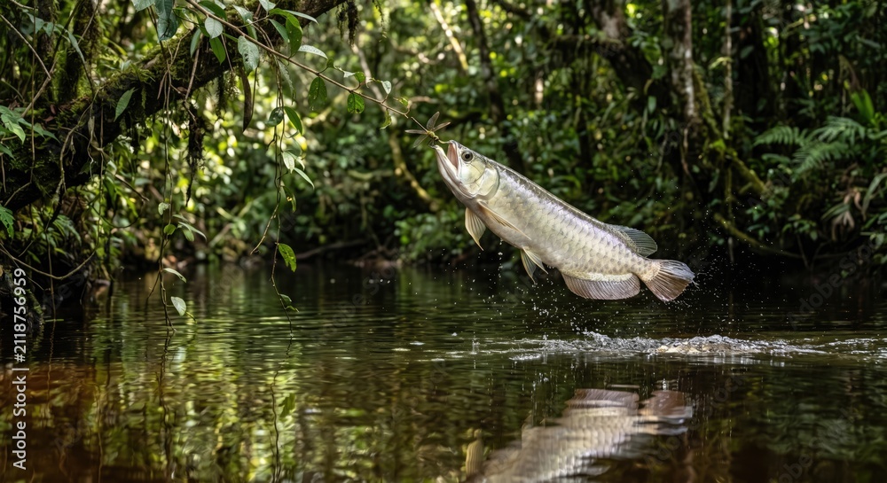 Fototapeta premium Arowana fish leaping from jungle river - underwater marine wildlife photography