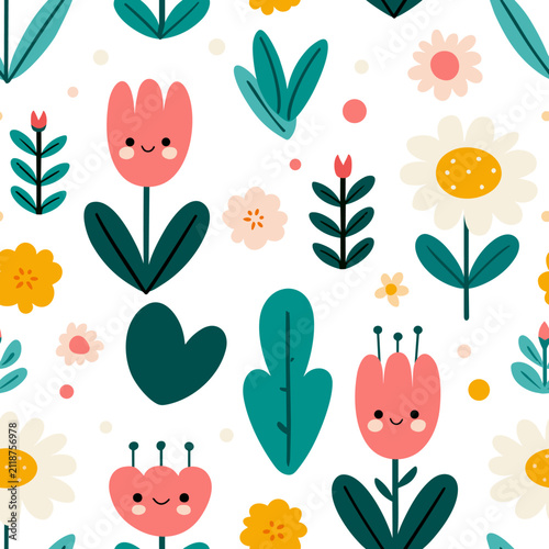 Cute Scandinavian Tulips with Daisies and Botanical Leaves Seamless Spring Vector Pattern