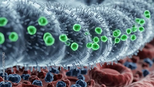Dissolved drug molecules slowly approaching the intestinal membrane and selectively passing through epithelial cells toward tiny underlying capillaries