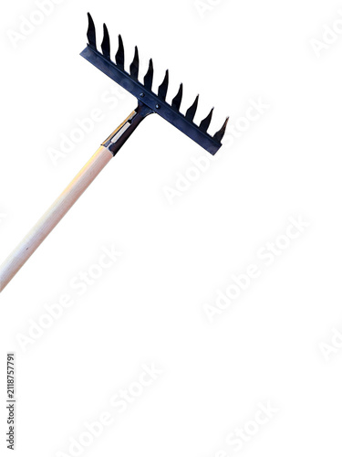 Obraz na plátně Isolated black metal garden rake with wooden shaft on light transparent background