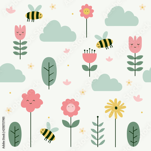 Cute Scandinavian Bees with Spring Flowers and Clouds Seamless Vector Pattern