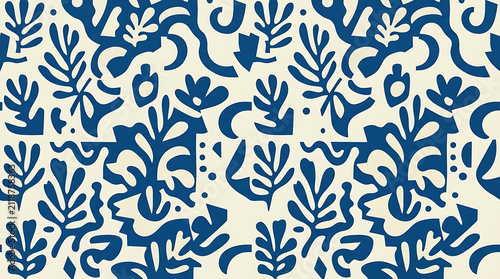 Blue and beige floral seamless pattern with pixelated botanical shapes and organic leaves in a repeating textile design style suitable for wallpaper fabric and decorative surface textures
