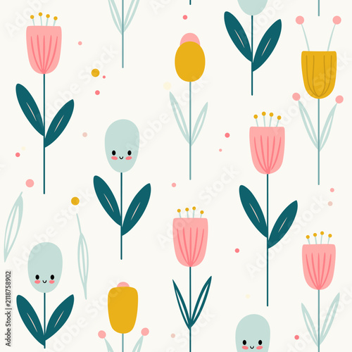 Scandinavian Smiling Flowers and Botanical Leaves Seamless Spring Vector Pattern