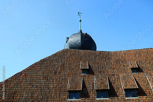 Historic tiled roof with dormer windows and domed tower