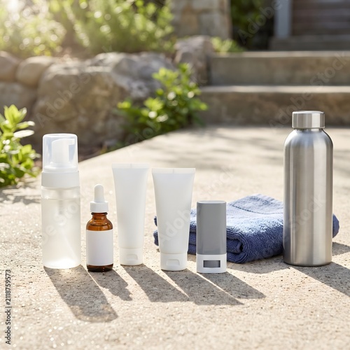 Outdoor lineup of beauty and personal care items including lotion and a water bottle.