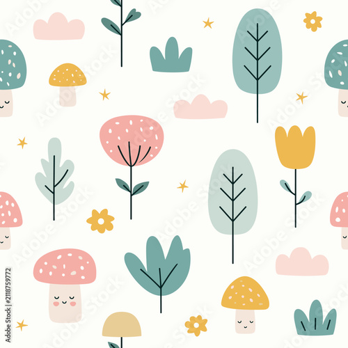 Cute Scandinavian Mushrooms with Trees and Clouds Seamless Woodland Vector Pattern