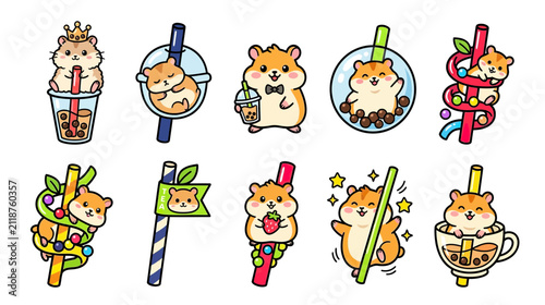 Cute Hamsters Enjoying Bubble Tea Drinks