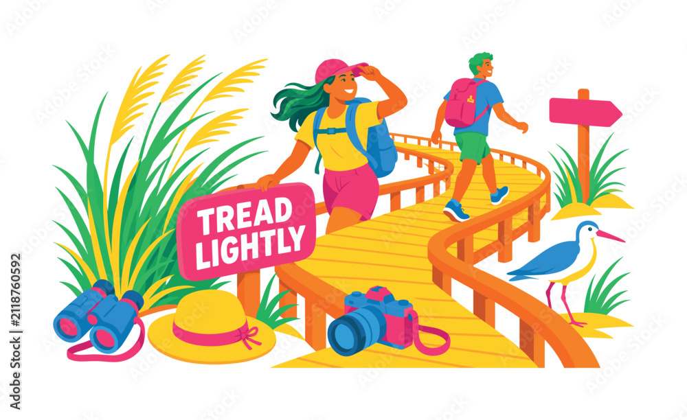 Fototapeta premium Dune Boardwalk Journey banner showing two expressive travelers exploring a protected coastal boardwalk, with an oversized wooden boardwalk and oversized dune grass cluster, plus binoculars, trail