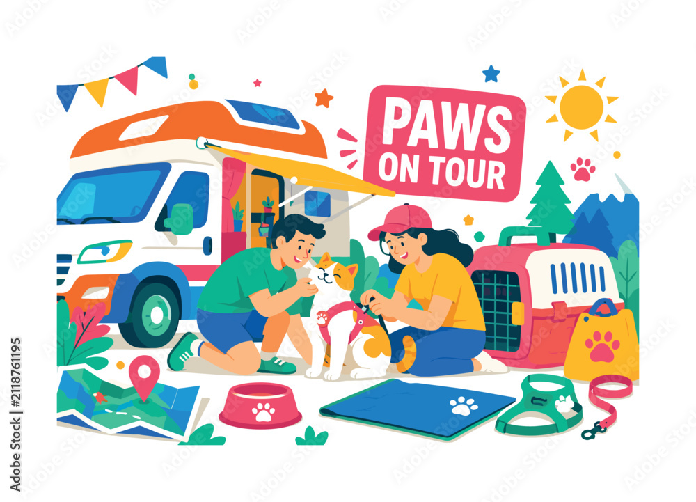 Naklejka premium Campervan Cat Adventure banner showing two expressive travelers caring for a curious cat during a summer campervan trip, with an oversized campervan and oversized pet carrier, plus travel bowl,