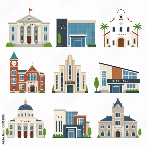 Flat vector illustration set of nine city hall buildings in diverse architectural styles.