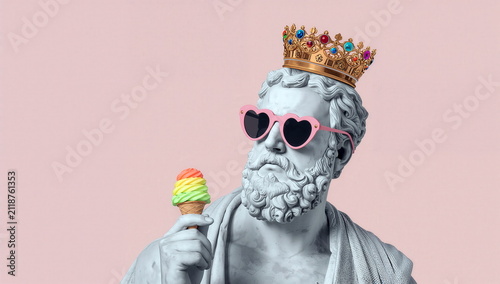 Statue wearing sunglasses and crown while holding ice cream cone with pastel background