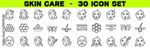 Skin Care Icon Set – Editable Stroke Vector Illustration of Moisturizer, Serum, Collagen and Dermatology Icons