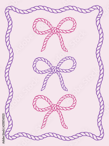 Pink and purple rope bows and frame on a soft pastel surface for coquette aesthetic posters, cards, or decorative design elements.
