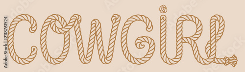 Cowgirl lettering created from a lasso rope design on a light neutral surface, ideal for rustic Western-themed branding, apparel, and decorative elements.