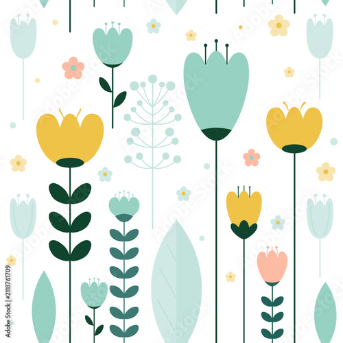Scandinavian Botanical Tulips and Floral Stems Seamless Spring Vector Pattern