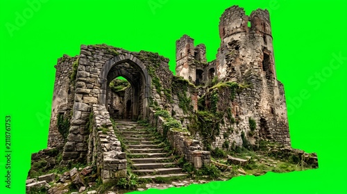 Ancient moss-covered stone castle ruins with arched entry and tower on green screen