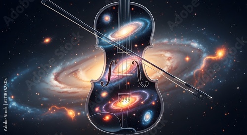 Cosmic violin with swirling galaxies and stars ethereal musical instrument in deep space