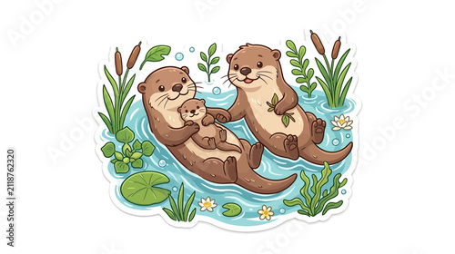 Cute Otter Family Swimming in Water with Plants