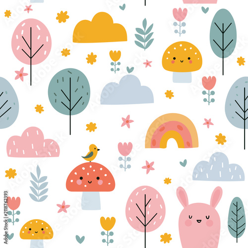 Cute Scandinavian Woodland Animals and Mushroom Seamless Spring Vector Pattern