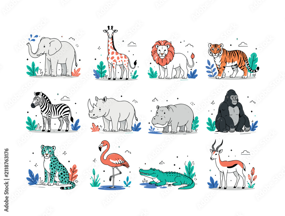 Obraz premium Wild Safari Animals, clean editorial illustration set with 12 separate small editorial animal illustrations featuring elephant, giraffe, lion, tiger, zebra, rhinoceros, hippopotamus, gorilla, leopard,
