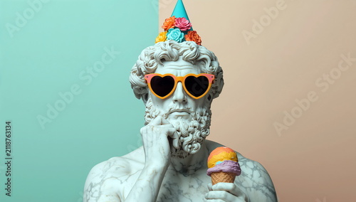 Statue wearing sunglasses and a birthday hat holding an ice cream cone in a colorful setting