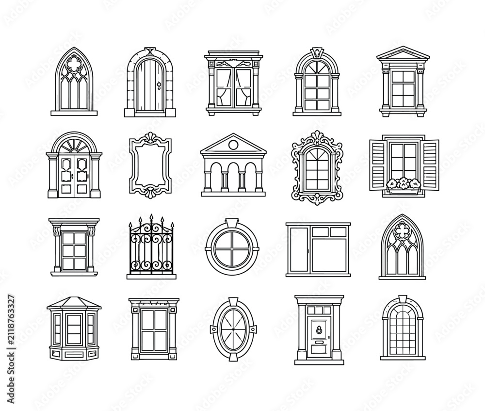 Fototapeta premium Architectural Window Collection, line icon set, 20 clean outline icons including Gothic window, arched door, Victorian window, Renaissance frame, colonial door, decorative panel, classic facade,