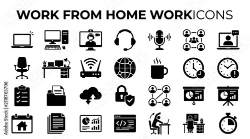 Collection of flat design icons representing remote work and home office essentials.